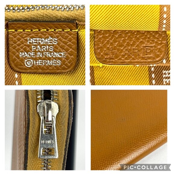 HERMES Epsom Silk'In Wallet Gold Jaune De Naples Tan Brown Zip Long Bag Leather - Picture 13 of 16